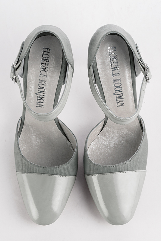 Pearl grey women's open side shoes, with an instep strap. Round toe. Very high slim heel. Top view - Florence KOOIJMAN